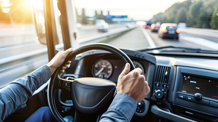 The driver spins the steering wheel of the car and controls its movement on the road. Travel, services of transporting goods and people. Illustration for cover, card, brochure or presentation.
