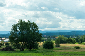 Mountainous landscape overlooking a wheat field and mountains in a misty haze on a sunny summer day. . High quality photo