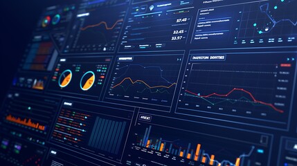 Fototapeta premium Virtual interface with financial charts, graphs, and data, business dashboard for social media analytics, dark blue background,
