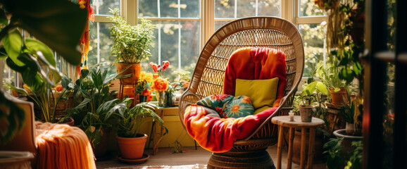 A cozy boho armchair placed next to a sunlit window, adorned with colorful throw pillows and surrounded by lush green plants.