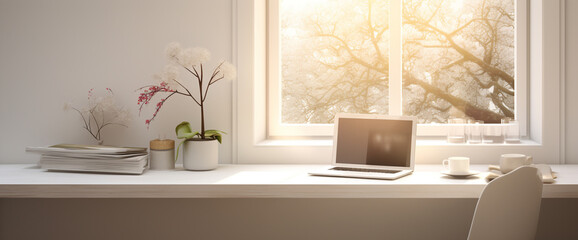 A cozy corner featuring a pristine white computer table bathed in soft, natural light. The minimalist design creates a tranquil atmosphere ideal for focused work.