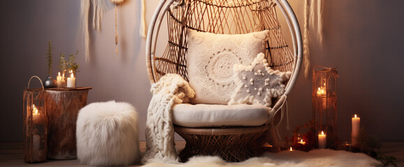 A dreamy boho armchair adorned with macram?(C) accents and plush cushions, creating a serene reading nook bathed in soft light.