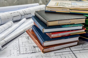 A stack of architecture books and architectural sketchbooks, with building blueprints spread out on an architect's drafting board.