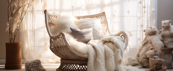 A dreamy boho armchair adorned with macram?(C) accents and plush cushions, creating a serene reading nook bathed in soft light.