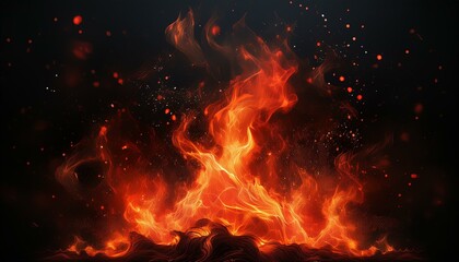 Fire with particles on black background, red fire, fire in the night, Fire flames on black background