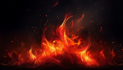 Fire with particles on black background, red fire, fire in the night, Fire flames on black background
