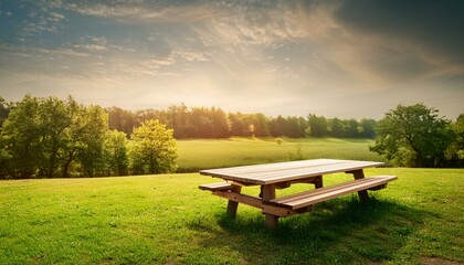 Fototapeta premium empty picnic table in the outdoor park setting, blank for copy space