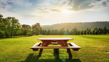 empty picnic table in the outdoor park setting, blank for copy space