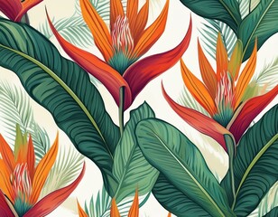 seamless tropical pattern with strelitzia with leaves on white background seamless pattern with colorful leaves of colocasia filodendron monstera exotic wallpaper hawaiian style