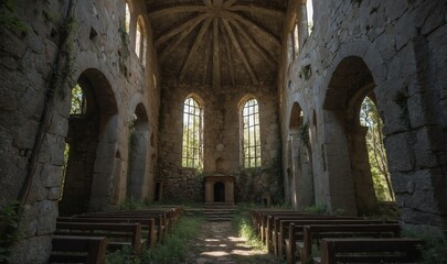 Abandoned stone church with overgrown vegetation inside.