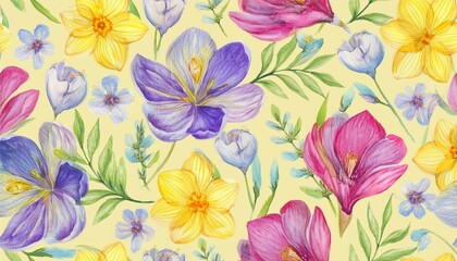 Watercolour floral seamless pattern with spring flowers.