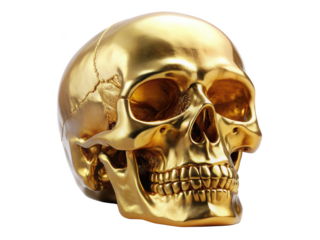 A golden skull sculpture with a reflective finish. This striking piece of art is perfect for modern interiors and adds a unique touch to any space. Isolated on transparent background, png.