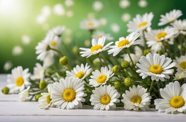 Obraz premium Close-up bouquet of white daisies with yellow centers arranged on white wooden table