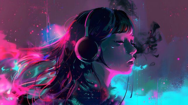 A digital illustration of a girl with headphones, set against a vibrant, neon gradient background. The colors blend between pink and blue, creating a dyA digital illustratnamic, futuristic atmosphere.