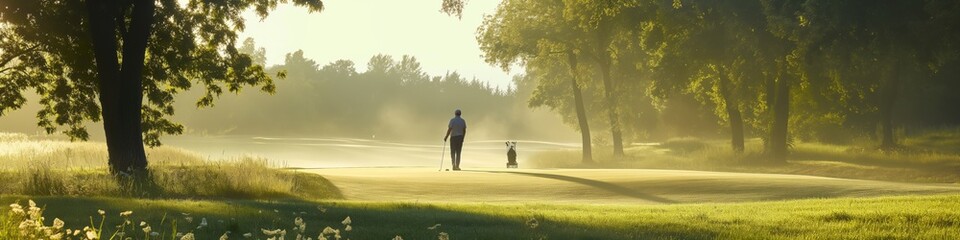 A man and his dog are walking in a park. The man is holding a golf club and the dog is on a leash. The scene is peaceful and relaxing, with the man and dog enjoying their time together in the park