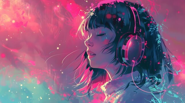 A digital illustration of a girl with headphones, set against a vibrant, neon gradient background. The colors blend between pink and blue, creating a dyA digital illustratnamic, futuristic atmosphere.