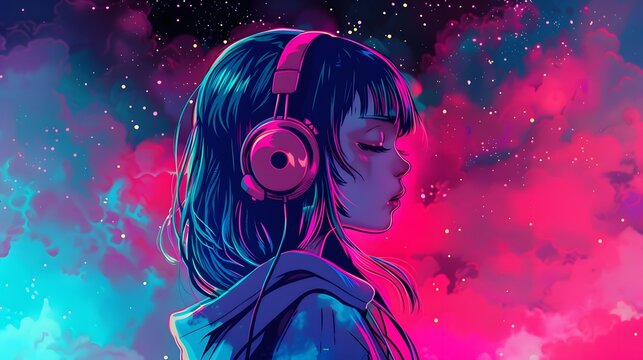 A digital illustration of a girl with headphones, set against a vibrant, neon gradient background. The colors blend between pink and blue, creating a dyA digital illustratnamic, futuristic atmosphere.