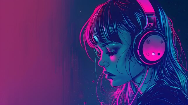 A digital illustration of a girl with headphones, set against a vibrant, neon gradient background. The colors blend between pink and blue, creating a dyA digital illustratnamic, futuristic atmosphere.