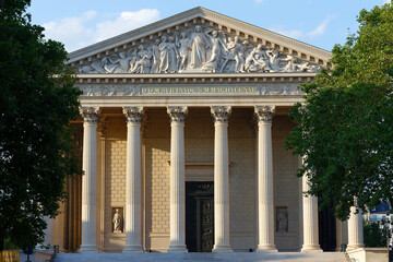 Outside Facade La Madeleine Church Paris France. Catholic church created in 1800s as Temple to glory of Napoleon's army. Paris. France.