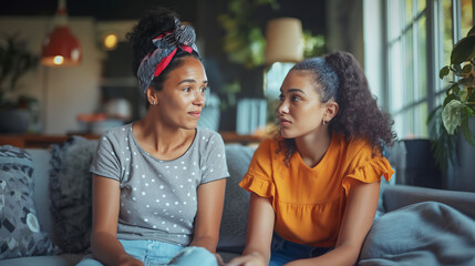 Hispanic mother and daughter having serious conversation in living room, mental health awareness, copy space