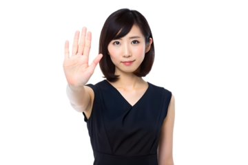 A sophisticated Japanese girl in a sleek black dress gracefully raises her hand in a gentle yet firm stop gesture, transparent background