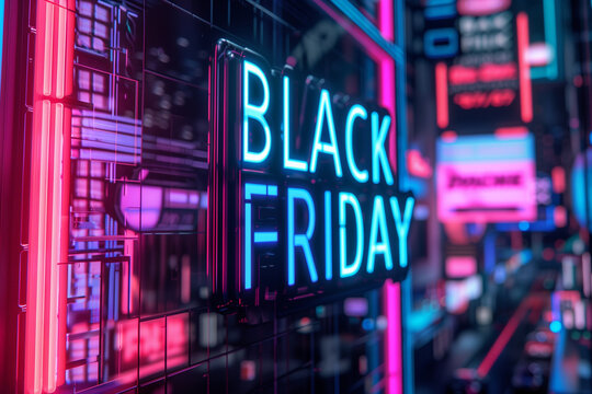 the words 'BLACK FRIDAY' in a bold, neon cyberpunk style. Use glowing, electric colors like bright blue and pink for the text, with a slight flicker effect to mimic neon lights - Powered by Adobe