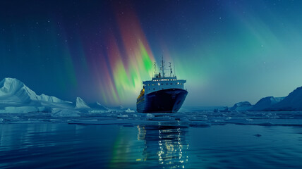 Obraz premium Arctic Cruise Under the Aurora Borealis: A lone ship sails through icy waters, bathed in the ethereal glow of the Northern Lights.