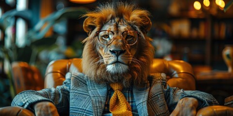 Lion with Glasses in Suit at Library