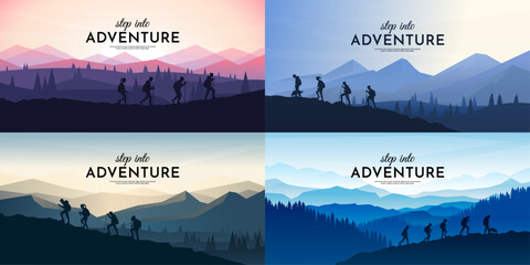 Vector illustration. Travel concept of discovering, exploring and observing nature. Group  of tourists have hiking trip. Travelers with backpack and travel walking sticks. Website template landscape