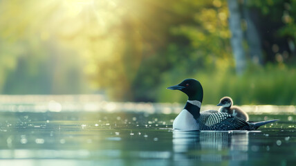 Obraz premium Loon Family Sunset Swim: A mother loon and her chick glide through calm waters, bathed in the golden glow of a summer sunset. The serene scene evokes tranquility and the beauty of nature's bond.