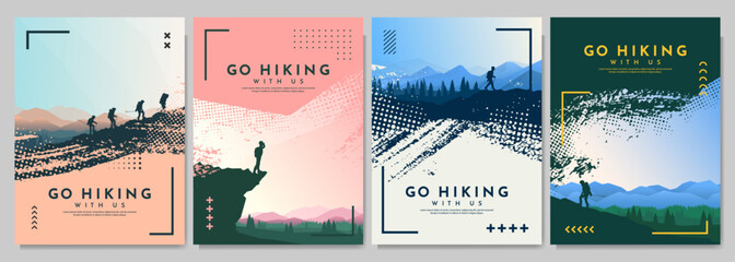 Vector illustration. Travel concept of discovering, exploring and observing nature. Tourists have hiking trip. Travelers climb with backpack and travel walking sticks. Design for poster, cover, flyer
