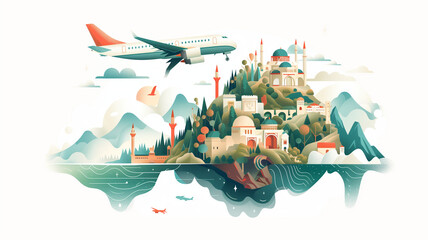 Naklejka premium Island Escape: Airplane above Island City 