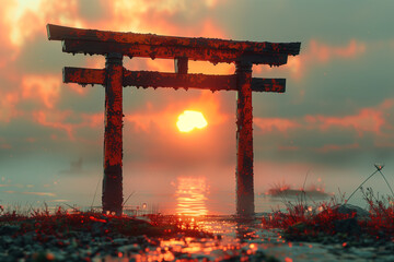 Fototapeta premium Serene Sunrise at Torii Gate 