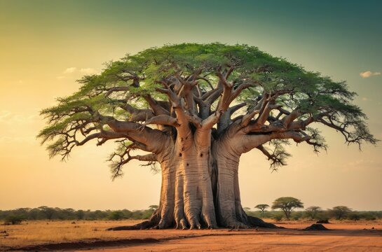 Majestic baobab tree in african savanna against warm sunset sky