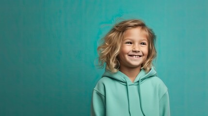 cheerful young young child in clothes, simple teal background