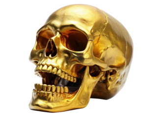 A golden skull sculpture with a reflective finish, showcasing intricate details. This artistic piece adds a bold and modern touch to any interior decor. Isolated on transparent background, png.