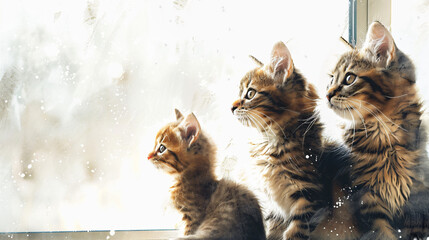 Watercolor Paint of Cozy three Cat next to white window