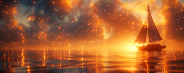 Sailing Through a Fiery Sky: A lone sailboat navigates a breathtaking seascape bathed in the ethereal glow of a radiant sunset. The sky is ablaze with fiery hues.
