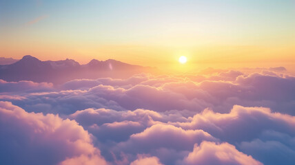 Fototapeta premium Golden Hour Above the Clouds: A breathtaking aerial view of a majestic sunrise over a sea of clouds, painting the sky in vibrant hues of pink and orange.