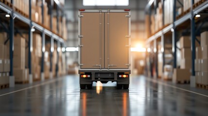 Naklejka premium A truck in a warehouse filled with shelves of boxes, showcasing logistics, storage, and distribution concepts with a warm sunlight glow.