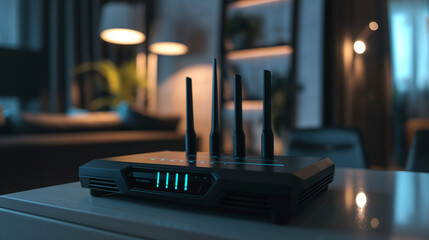 Closeup of a sleek Wi-Fi internet router with multiple antennas, LED lights blinking, symbolizing a strong wireless network connection, set against a modern home interior.