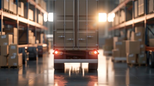 A truck in a warehouse during sunset, ready for loading and shipment. Boxes and shelves are visible in the background.