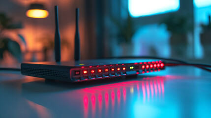 Detailed view of a modern Wi-Fi routerâs interface, showing the connected cables and glowing status lights, representing seamless wireless communication in a smart home.