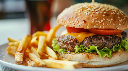 Closeup of a mouth-watering cheeseburger with perfectly cooked beef, fresh lettuce, and tomato, served with a side of crispy fries on a white plate.