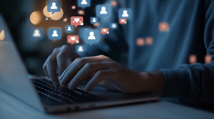 Hands typing on a laptop keyboard with social media icons floating, representing online communication and networking in a digital environment.
