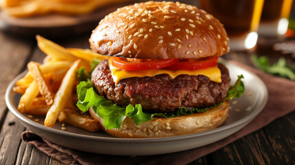 A delicious cheeseburger with a thick beef patty, crisp lettuce, and tomato, served with a side of fries on a contemporary plate on a table.