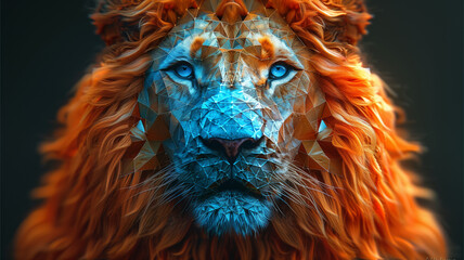 Majestic Lion King: A surreal digital portrait of a lion with vibrant orange and blue fur, showcasing intricate details and captivating eyes.  