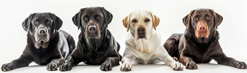 Fototapeta premium Labrador Retriever Family Portrait: Four Labrador Retrievers, each with a distinct coat color, pose in a studio setting, gazing intently at the camera.