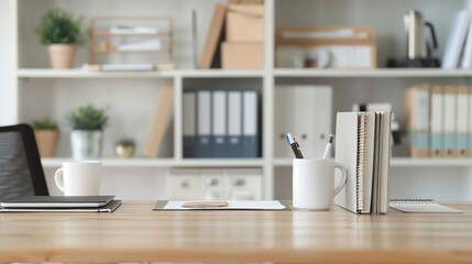 Modern organized office desk with books, plants, laptop, and coffee mugs, creating a productive work environment.