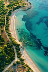 Aerial view of an exotic bay with clear turquoise water, perfect for a serene and scenic vacation.